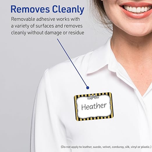 Avery Printable Adhesive Name Badges, 2-1/3" x 3-3/8", Pre-Printed Metallic Gold & Black Stripes w/Bow Design, Matte White, Laser & Inkjet Compatible, 80 Total
