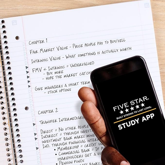 Five Star Spiral Notebook + Study App, 3 Subject, College Ruled Paper, Fights Ink Bleed, Water Resistant Cover, 8-1/2" x 11", 150 Sheets, Black (72069) (Pack of 6)