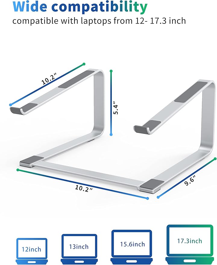 SOUNDANCE Laptop Stand for Desk, Metal Computer Riser, Heavy Stable PC Holder, Ergonomic Laptops Elevator for 12 to 17.3 Inches Notebook Computer, Silver