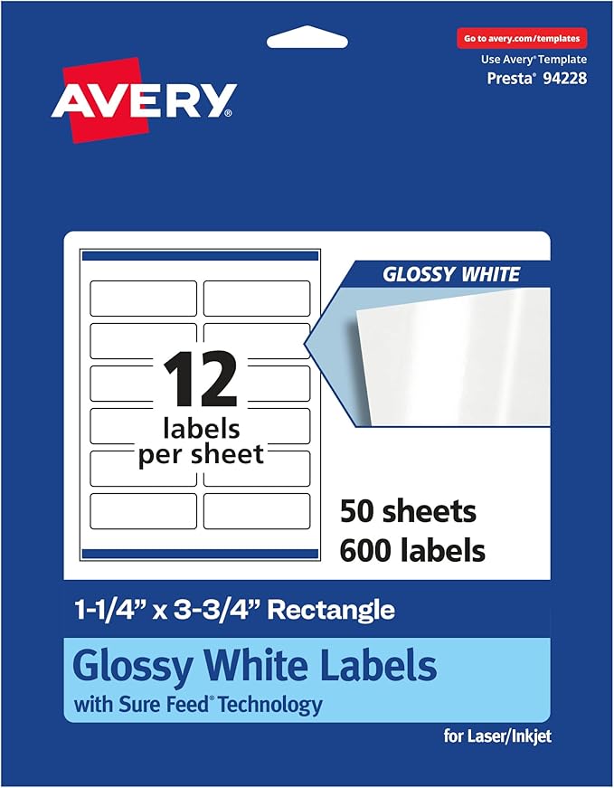 Avery Glossy White Rectangle Labels, Sure Feed Technology, 1.25" x 3.75", 600 Glossy White Labels, Print-to-The-Edge, Permanent Adhesive, Laser/Inkjet Printable