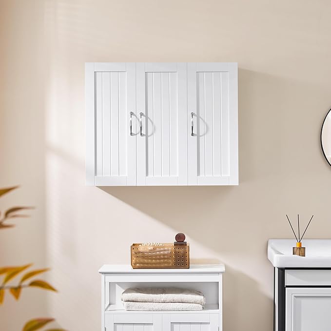 Yaheetech Bathroom Wall Cabinet with Three Doors, Medicine Cabinet with Adjustable Shelf, Hanging Storage Cupboard for Living Room, Laundry Room, Kitchen, White