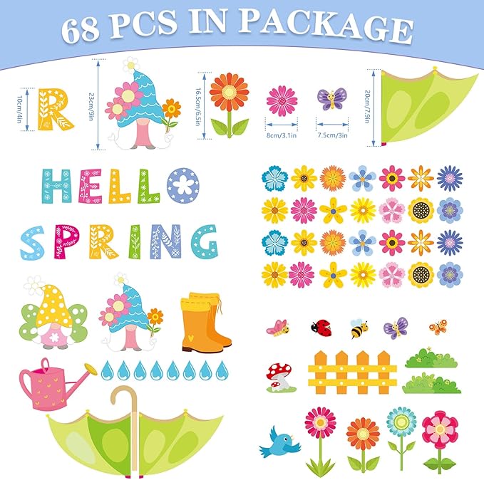 Konsait Spring Bulletin Board Decorations, 68Pcs Spring Bulletin Board Set, Big Umbrella Flowers Waterdrop Spring Cutouts for Home Office Classroom Blackboard Wall Decoration