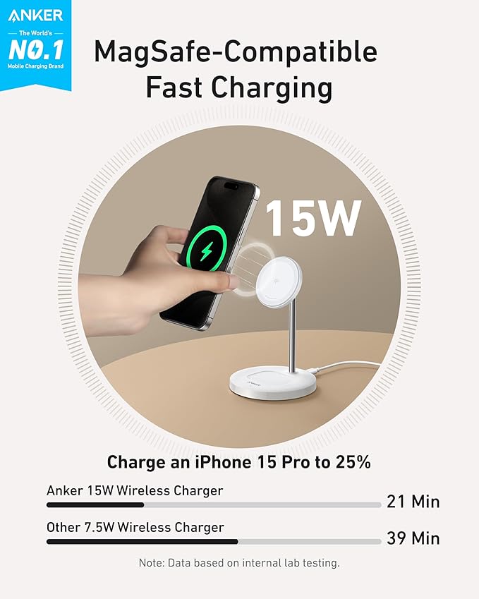 Anker MagSafe Compatible MagGo Charger Stand, iPhone 17 Wireless Charger, 2-in-1 Charging Station, Qi2 Certified 15W Fast Charging, for iPhone 17/16/15/14/13/12, AirPods Pro (40W Adapter Included)