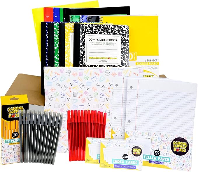 High School Writing Bundle | 1 Pallet (112 Boxes) - 51 Pieces per Box | School Supply Boxes - Back to School Essentials | Includes Composition Books, Loose Leaf Paper, Index Cards, 12 ct. Pens & More