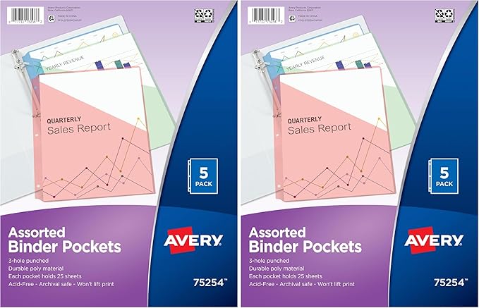 Avery Binder Pockets, Assorted Colors, 8.5" x 11", Acid-Free, Durable, 5 Slash Jackets (75254) (Pack of 2)