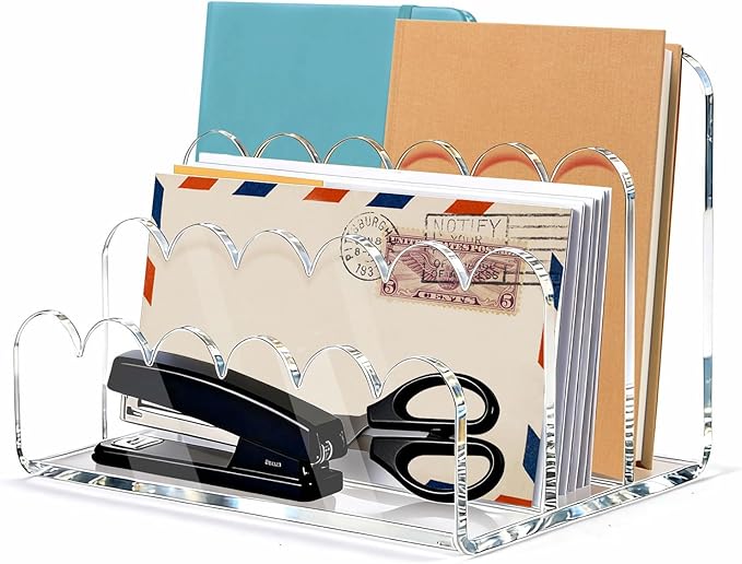 Acrylic File Mail Desktop Organizer Sorters,3 Upright Compartments Laddered, Vertical File Holder for Office/Home, Space-Saving Desk Organizer for Letters, Envelope, Bills, Stationery