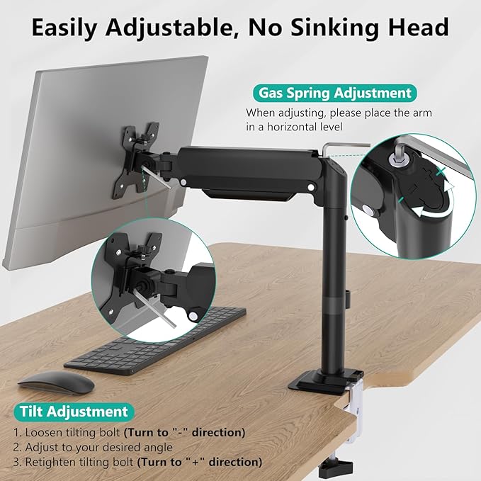 WALI Single Monitor Arm Mount for up to 32 inch Screens, Gas Spring Stand with Full Motion Tilt Swivel Rotation, Holds 19.8 lbs, VESA 75/100, C-Clamp & Grommet Mount (GSDM001S)