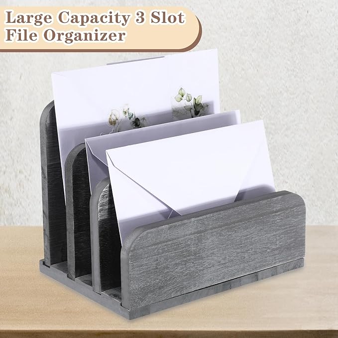 Wooden Mail Holder 3 Slots Mail Organizer for Desk Wood File Paper Letter Sorter for Letter Envelope Filing Cell Phone Document Storage, Organizer Tray for Office and Home (Grey)