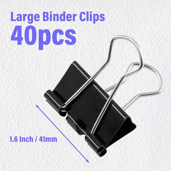 40 Pack Large Binder Clips - 1.6 Inch / 41mm Black Metal Paper Clamps for Office, School, Home, DIY, Business - File Organizers and School Supplies