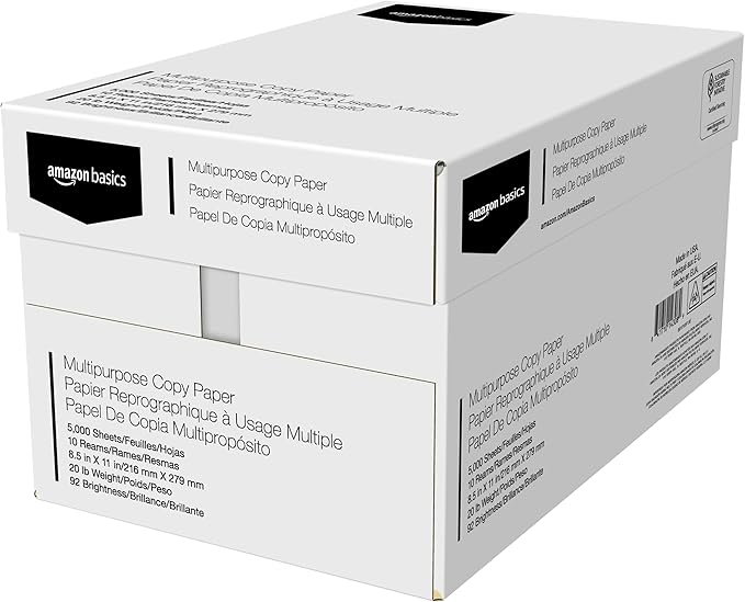 Amazon Basics Multipurpose Copy Printer Paper, 20 lb, 8.5 x 11 Inches, 10 Reams (5,000 Sheets), 92 Bright White
