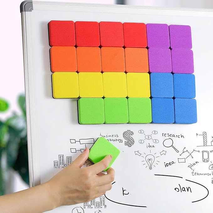 MaxGear Whiteboard Erasers, 24 Pack Magnetic Dry Erase Eraser, Mini Whiteboard Cleaning Pads for Classroom, Chalkboard Wiper Teacher Supplies for School, Office, Home, 6 Rainbow Color Set, 2 x 2 Inch