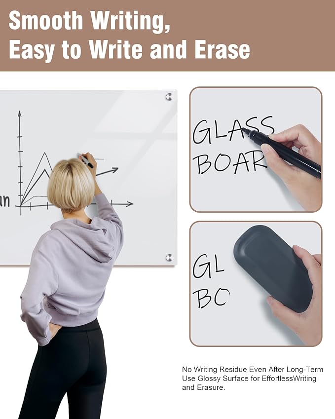 Mifuro Magnetic Glass Whiteboard，24"x18" Wall Mounted Frameless Dry Erase Board for Office, Home & School Ultra White