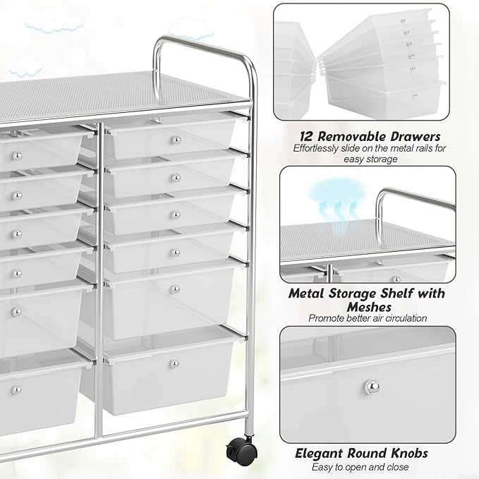 COSTWAY 12-Drawer Rolling Storage Cart, Moveable Art Craft Organizer W/Lockable Wheels, Metal Shelf, Files Arrangement Tools Makeup Storage Cart for Office, Home, School (Clear)