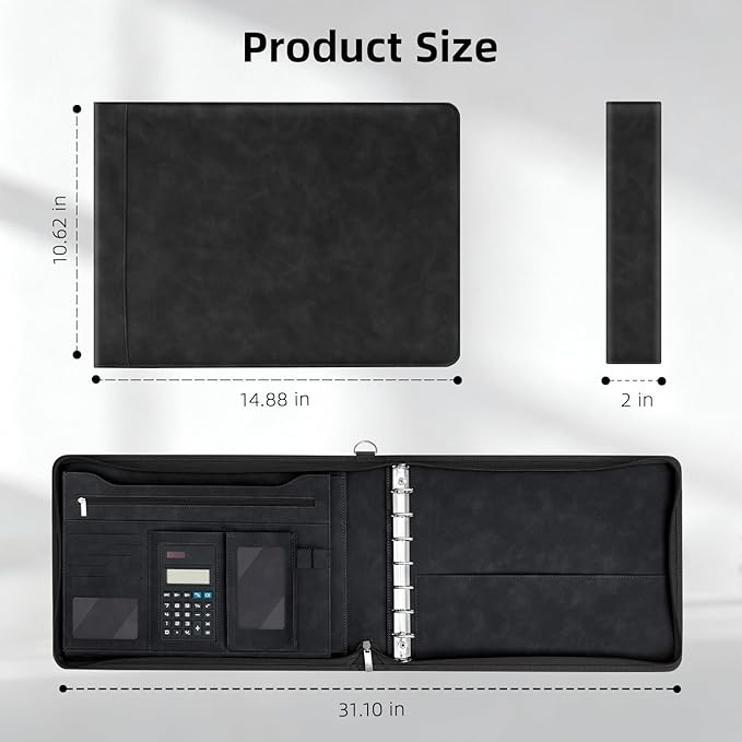 Ospelelf Black Zippered 7 Ring Check Binder for Business Checks (9" x 13"), 1 Inch Faux Leather Checkbook Portfolio with Zipper Pouch, Professional Binder Organizer for Accountants, Home Use