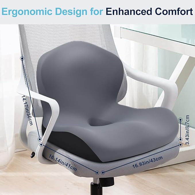 Seat Cushion, Office Chair Cushion, L-Shaped Ergonomic Car Seat Cushions, Memory Foam Chair Cushion, Lumbar Support Pillow for Wheelchair, Car, Home, Office, Desk, Gray