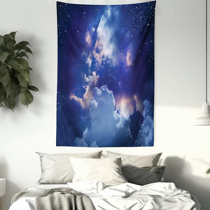 Ambesonne Space Tapestry Queen Size, Magic Sky View with Star and Clouds Celestial Colorful World Cosmic Expanse Theme, Wall Hanging Bedspread Bed Cover Wall Decor, 88" X 88", White and Blue