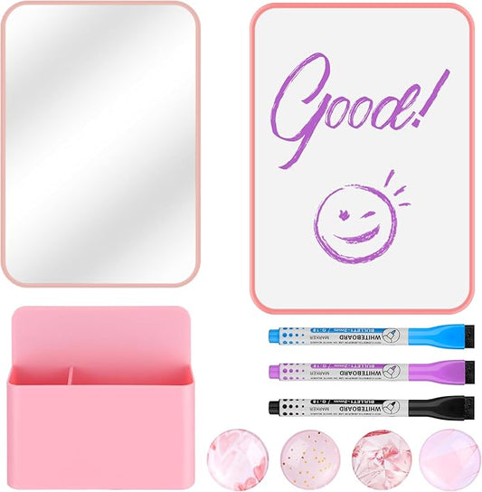 HAUTOCO Locker Accessories Kit, Back to School Essentials 10 Pieces Locker Organizer Supplies for School Work, Includes Whiteboard, Mirror, Magnetic Dry Erase Markers Holder and More, Pink