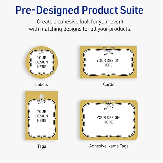 Avery Printable Adhesive Name Badges, 2-1/3" x 3-3/8", Pre-Printed Metallic Gold Border with Black Bow Design, Matte White, Laser & Inkjet Compatible, 80 Total