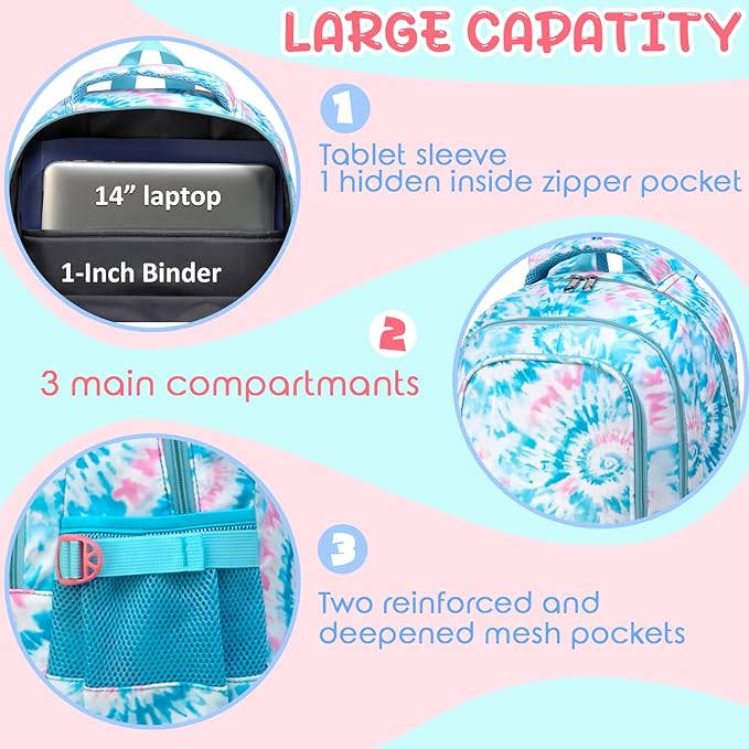 BLUEFAIRY Girls Backpack with Lunch Box for Kids Primary Elemenatry Book Bag Set Middle School Bookbags Set for Teens Childs Back to School Gifts 2 Pcs Blue