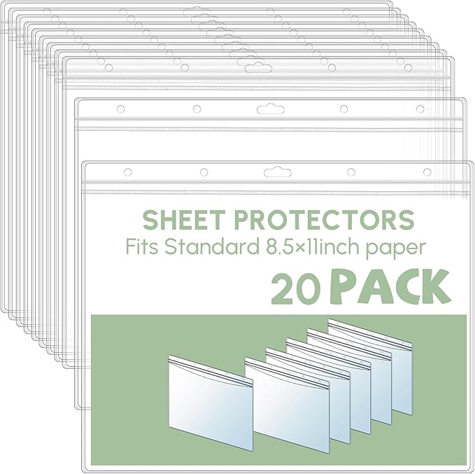20 Pcs Heavy Duty Sheet Protector 8.5 x 11 Inch Job Ticket Holder Waterproof Resealable Zip Page Wall Sign Holder Clear Dry Erase Document Sleeve Magazine Protector Horizontal(12.4 x 9.8 Inch)