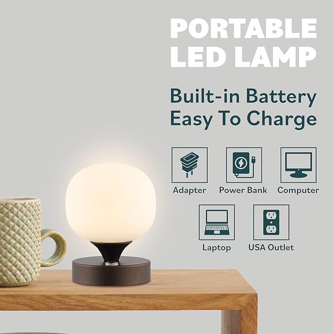 JONATHAN Y 6.13" Oil Rubbed Bronze Modern Cordless Rechargeable LED Table Lamp, Frosted White Glass Shade, Touch Dimmable Mini Accent Light for Bar, Bedroom, Nightstand JYL7112A