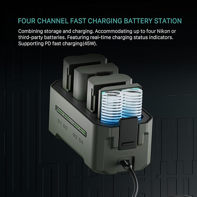 Tilta EN-EL15 Portable Charging Station - Green | Charge 4 Batteries w/USB-C PD 45W Fast Charge | Compatible with Nikon Z8, Zf, Z7II, Z6II, Z7, Z6, Z5, D850, D810, D750, D610, D500, D7500, D7200