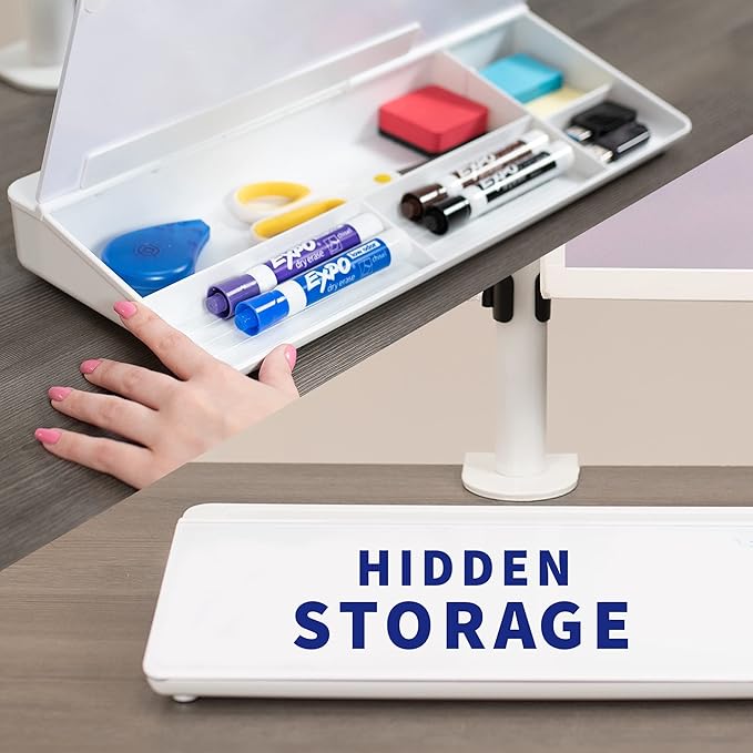 VIVO Glass 16 x 7 inch Dry Erase Board with Storage, Desktop Whiteboard Organizer with Hidden Compartments and Device Slot, DESK-WB16A