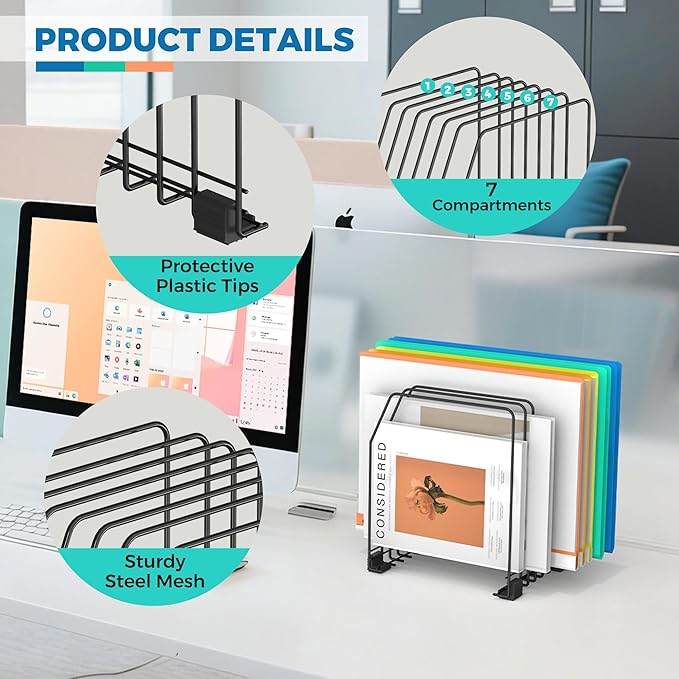 File Organizer for Desk, 7-Section Vertical File Sorter, Paper Holder Organizer Standing Metal File Folder for Office Home Classroom, Black (2Pack)