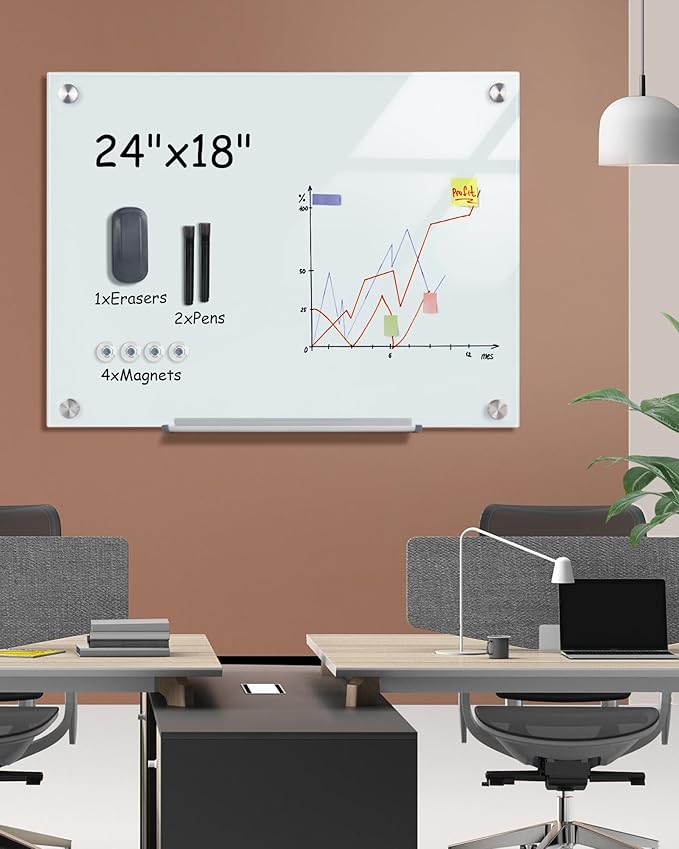 Mifuro Magnetic Glass Whiteboard，24"x18" Wall Mounted Frameless Dry Erase Board for Office, Home & School White