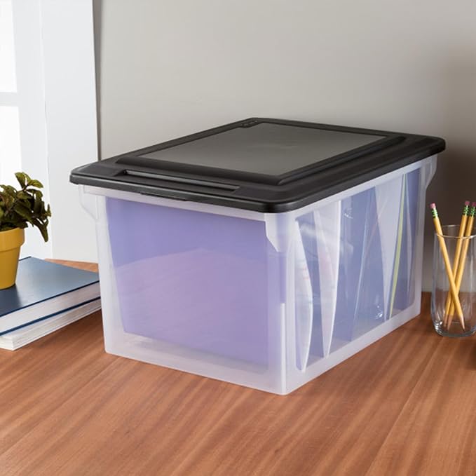 Sterilite 8-Pack File Box, Clear Storage Tote with Black Lid for Letter & Legal Hanging Folders - Stackable Plastic Document and Paper Organizer for Home, Office, and Dorm Organization