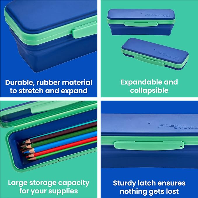 Bostitch LockerMate Flexi Storage Expandable Pencil Box, 1-3/4"H x 3" W x 8-3/4"D, Navy/Green