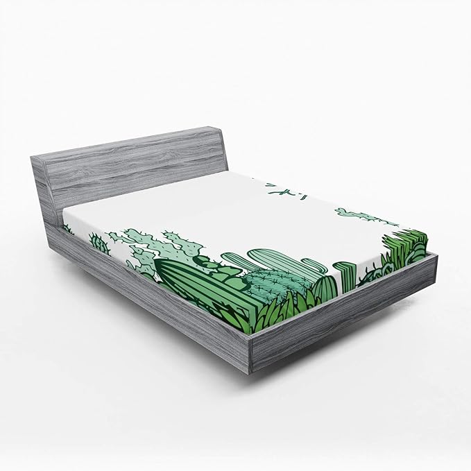 Ambesonne Cactus Fitted Sheet, Arizona Desert Themed Doodle Cactus Staghorn Buckhorn Ocotillo Plants, Bed Cover with All-Round Elastic Deep Pocket for Comfort, Queen Size, Green Pale Green Seafoam
