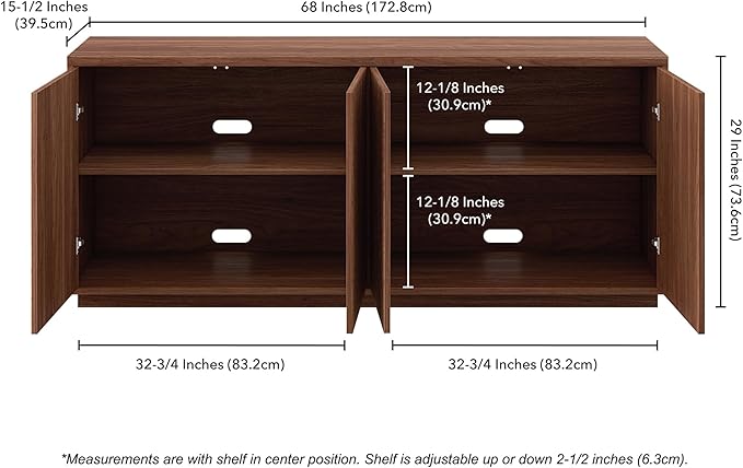 Henn&Hart 68'' Fluted Sideboard Buffet Cabinet, Ribbed Modern Wooden Credenza with 4 Doors, Adjustable Shelves, and Cable Management Cut-Outs for Dining Room, Kitchen, or Living Room, Satin Walnut