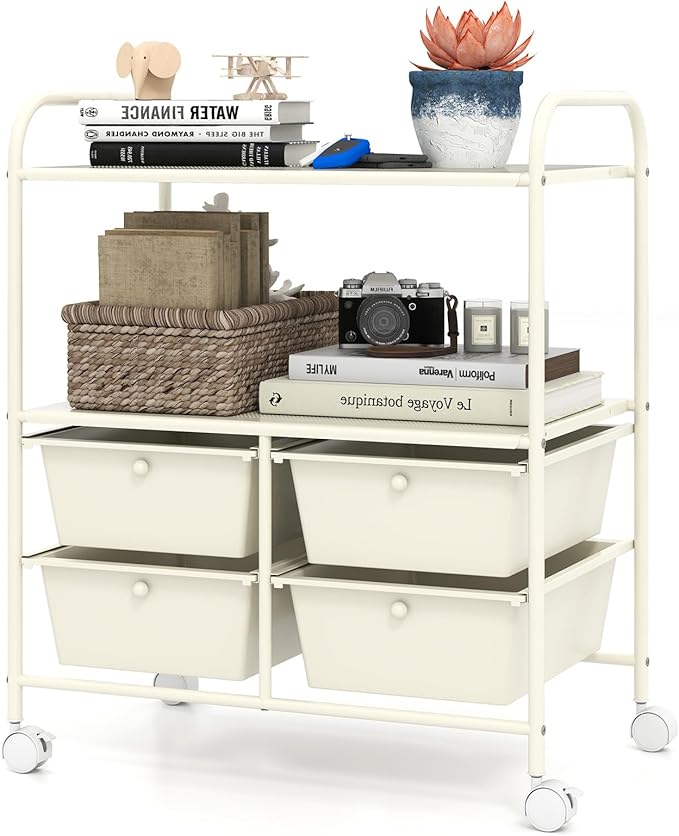 COSTWAY 4-Drawer Storage Cart, Mobile Storage Organizer w/Steel Frame & 360° Wheels, 4-Drawer Utility Cart for Living Room, Kitchen, Bathroom & Office (White)
