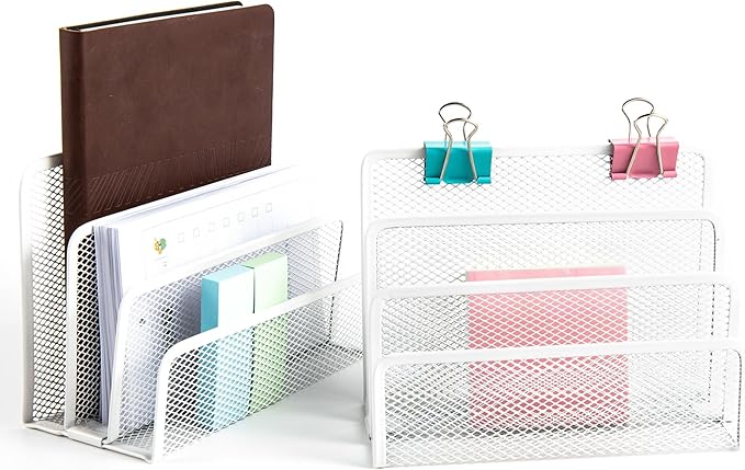 VANRA Small Letter Sorter Pack of 2 Desktop File Organizer Metal Mesh Paper Stacking Sorter Holder 3 Slots (2 White)