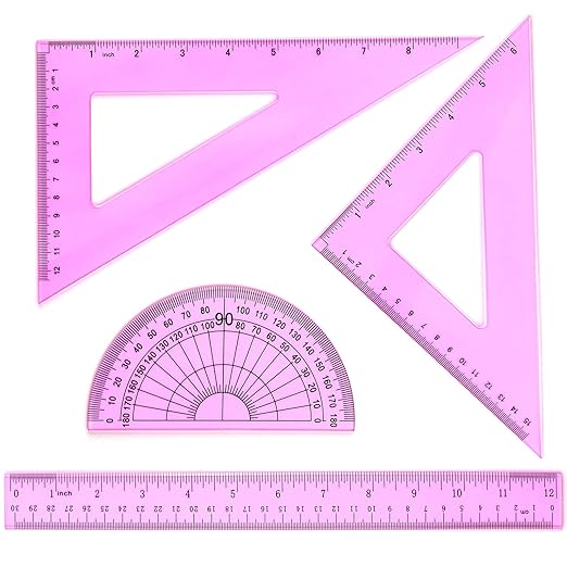 Coopay 12 Inch Math Geometry Tool Plastic Ruler Square Set Includes Straight Ruler, Triangles, Protractor for Student School Office Supplies (Pinkish-Purple)