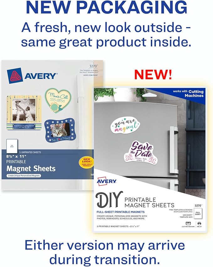 Avery Printable Magnet Sheets, 8.5" x 11", Inkjet Printer, 5 White Magnetic Sheets (3270)