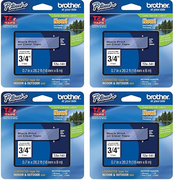 Brother Genuine P-Touch 4-Pack TZe-141 Laminated Tape, Black Print on Clear Standard Adhesive Laminated Tape for P-Touch Label Makers, Each Roll is 0.7"/18mm (~ 3/4") Wide, 26.2 ft. (8M) Long
