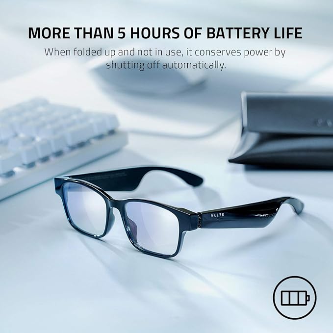 Razer Anzu Smart Glasses: Blue Light Filtering & Polarized Sunglass Lenses - Low Latency Audio - Built-in Mic & Speakers - Touch & Voice Assistant Compatible - 5hrs Battery - Rectangle/Small