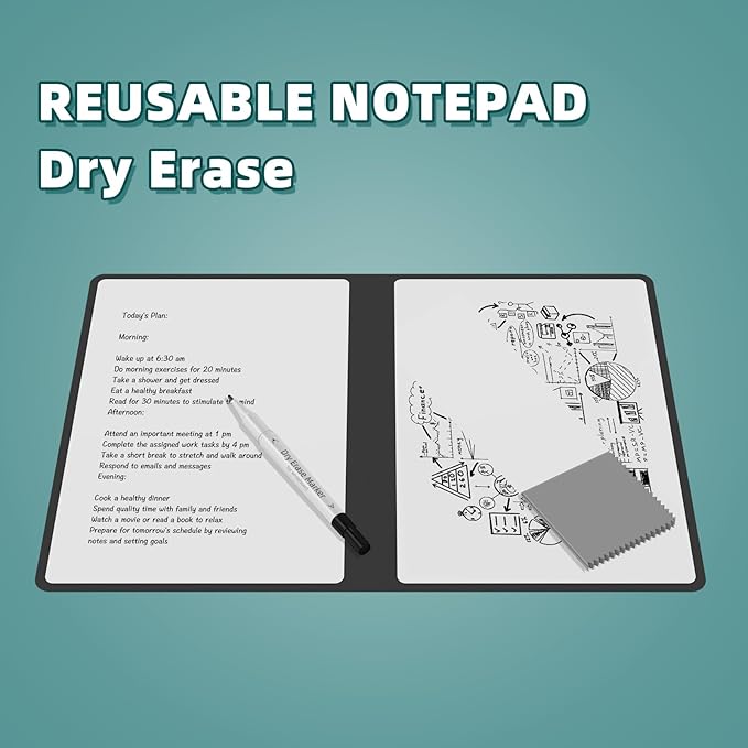 Portable Dry Erase Board,Reusable Whiteboard Notebook, Double-Sided White Board PU Cover 9.5"x6.6" with Marker,Wipe Cloth (Dark Black)
