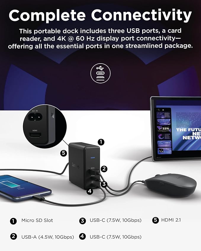 Lenovo GaN Charging Dock, Multiport Docking Station w/ 60W PD, HDMI, USB-C, USB-A, Micro SD, Power Adapter & Dock in One, Compact Design, Sustainable Materials, Home Office Gaming Dock Stand Console