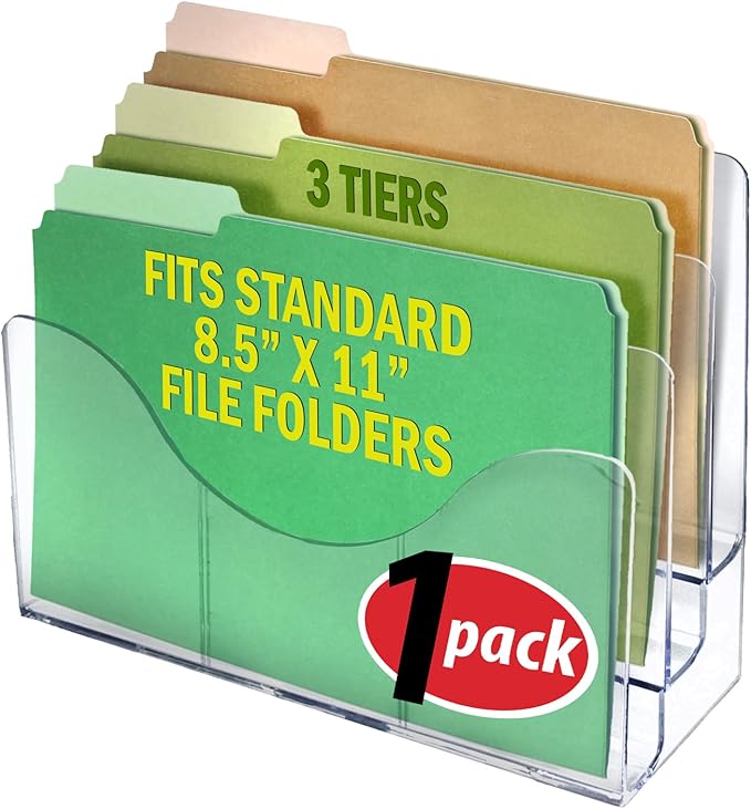 Azar Displays 250099 Three Tier File and Brochure Desktop Wall Organizer Holder with Dividers Brochure Display Stand Acrylic Holder, Fits 8.5" x 11" Files, Clear, 1 Pack