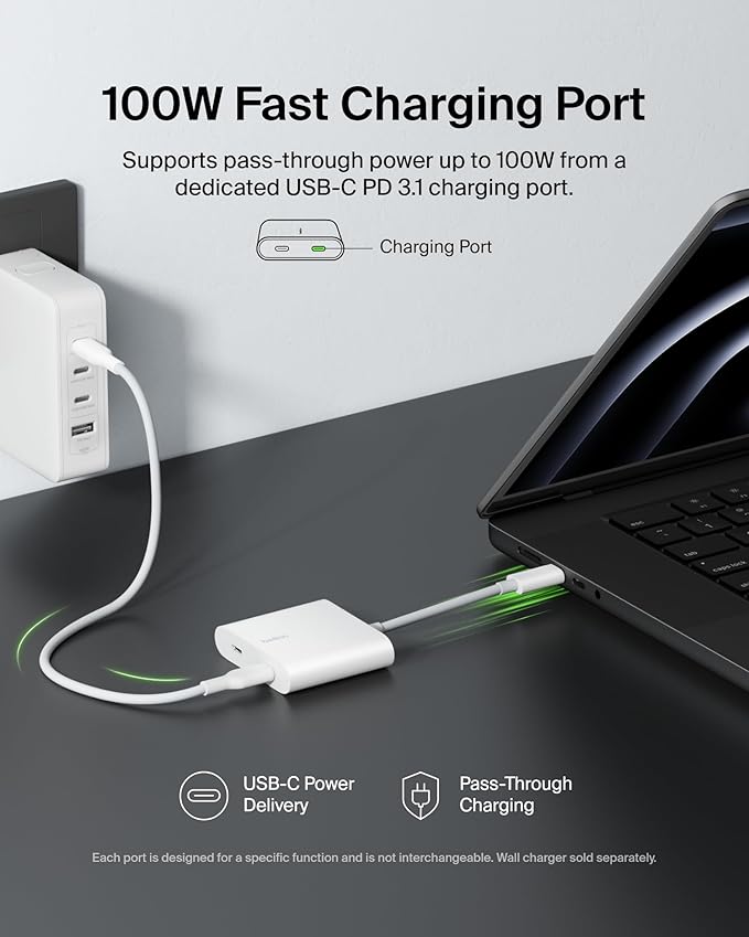 Belkin USB C Splitter - Dual Port Hub - 1 x USB-C 3.2 Gen2 Port & 1 x 100W PD Port - Simultaneous Data Transfer & iPhone Charger Fast Charging - Apple iPhone 17, iPad, Nintendo Switch 2 & More - White