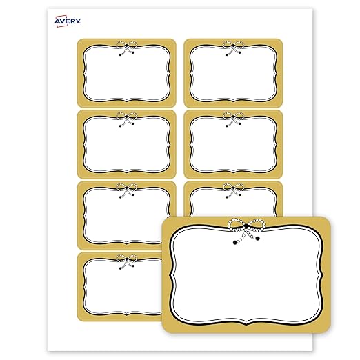 Avery Printable Adhesive Name Badges, 2-1/3" x 3-3/8", Pre-Printed Metallic Gold Border with Black Bow Design, Matte White, Laser & Inkjet Compatible, 80 Total
