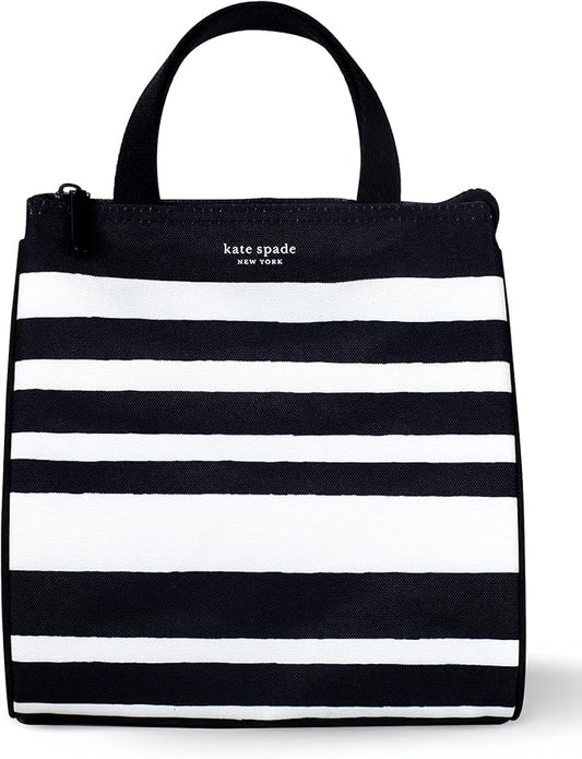 kate spade new york Portable Soft Cooler Lunch Bag, Thermal Tote with Insulated Interior Lining and Storage Pocket, Lunch Tote for Women, Sarah Stripe (Black/White)