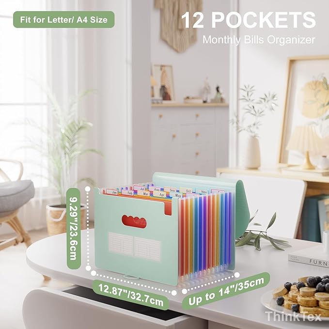 ThinkTex Accordion File Organizer, 12 - Pocket Expanding File Folders for Paper Receipts, Bills & Taxes Organizer, Letter/A4 Size Document Holder for School, Office, Home with tabs-Sage Green