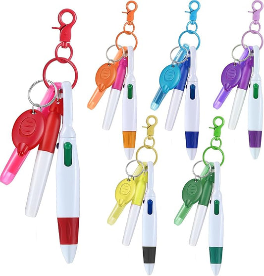 Chinco 30 Pcs Retractable Shuttle Pen Clip with Mini Highlighter Nurse Badge Pen Neon Marker LED Keychain Ring Clip