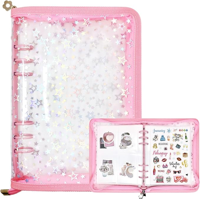 Sticker Storage Organizer Binder A5 Sticker Collecting Book Reusable Zipper Album with Clear Laser Star Cover and Pocket Pages (Pink)