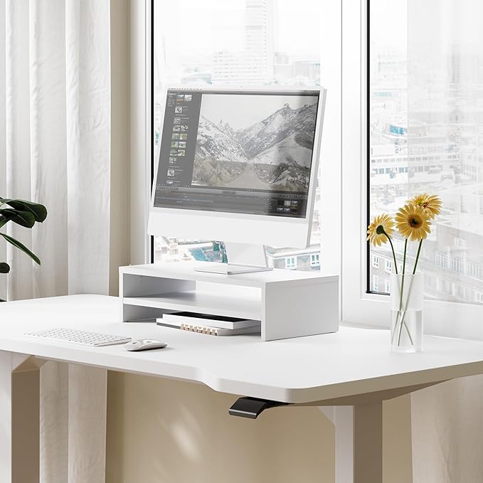 FITUEYES Monitor Stand - 2 Tier Computer Monitor Riser with 21.3 Inch Shelf, Wood Desktop Stand for Laptop Computer Screen, Desk Organization, Office Supplies