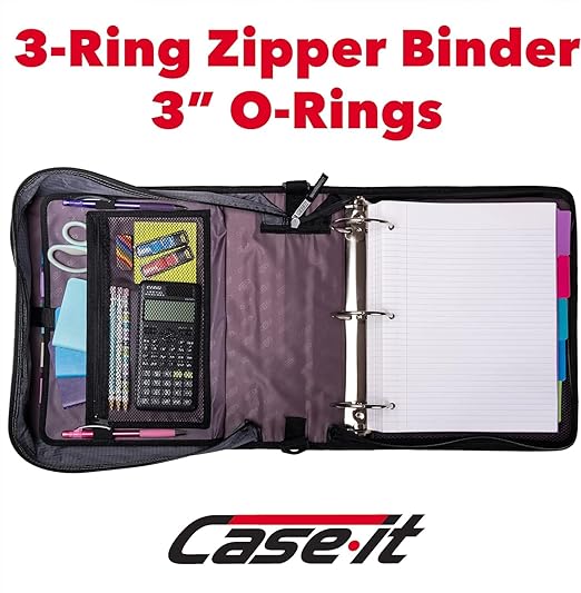 Case-it Mighty Zip Tab School Zipper Binder | 3-Inch O-Rings, 600-Sheet Capacity, 5-Subject Expanding File Folder, Multiple Pockets & Storage Organizer, Shoulder Strap | D-146 Light Blue Daisy